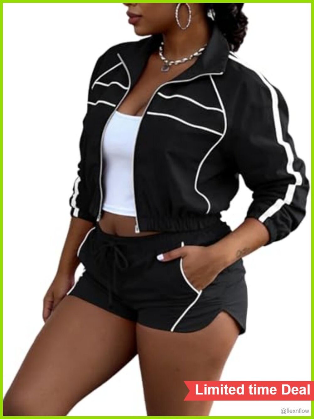 Women 2 Piece Workout Set Zip Up Crop Jacket & Biker Shorts